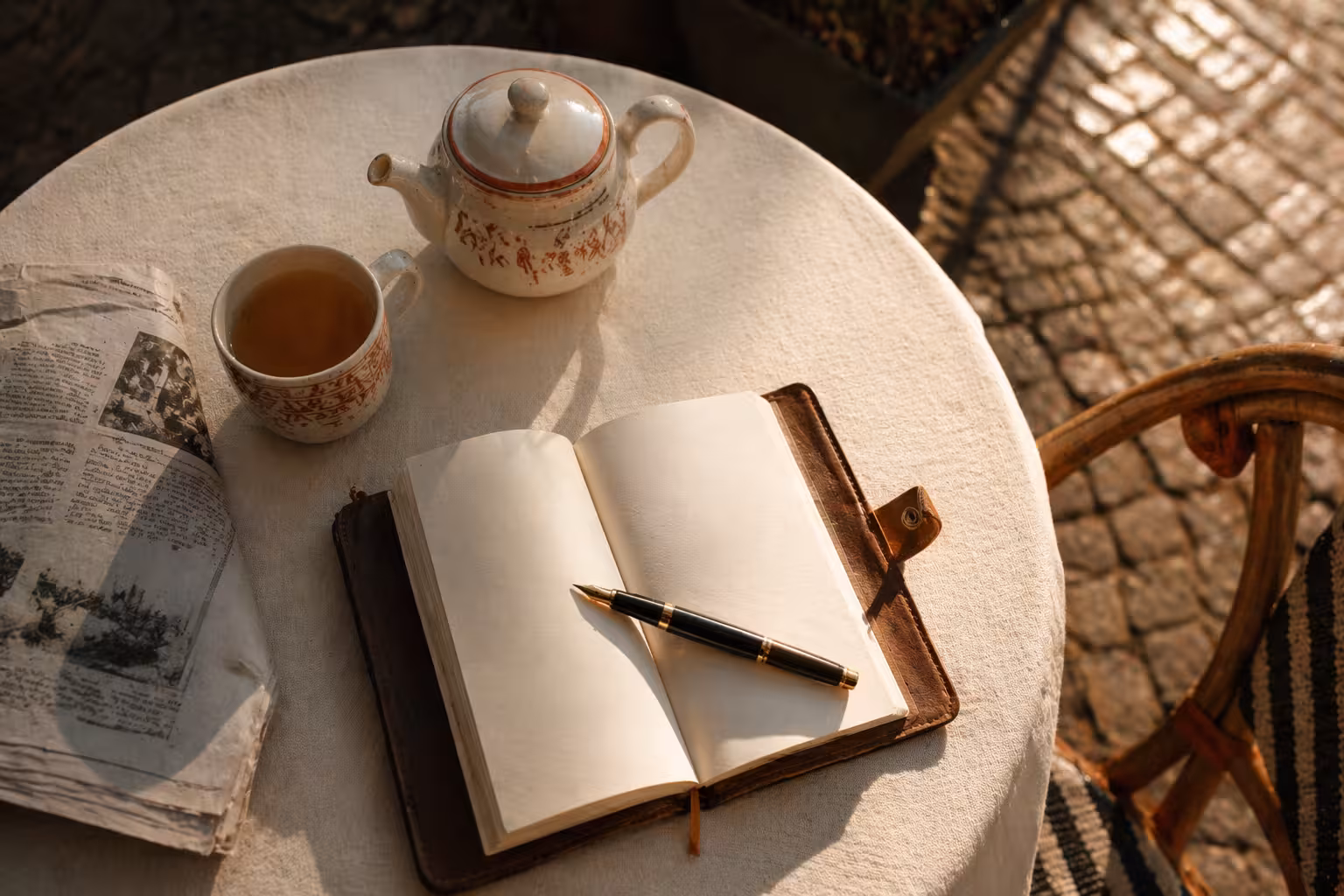 Théière et carnet de voyage sur une table de café européenne ensoleillée.
