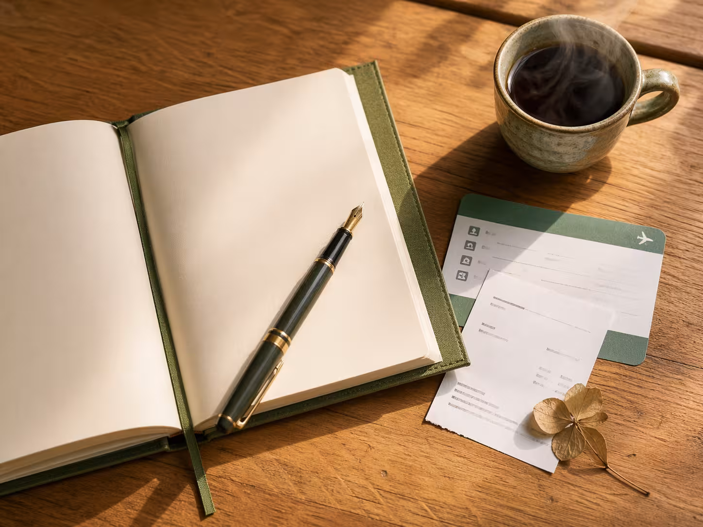 Carnet de notes ouvert sur un bureau en bois avec un café et une carte d’embarquement, lumière du matin.