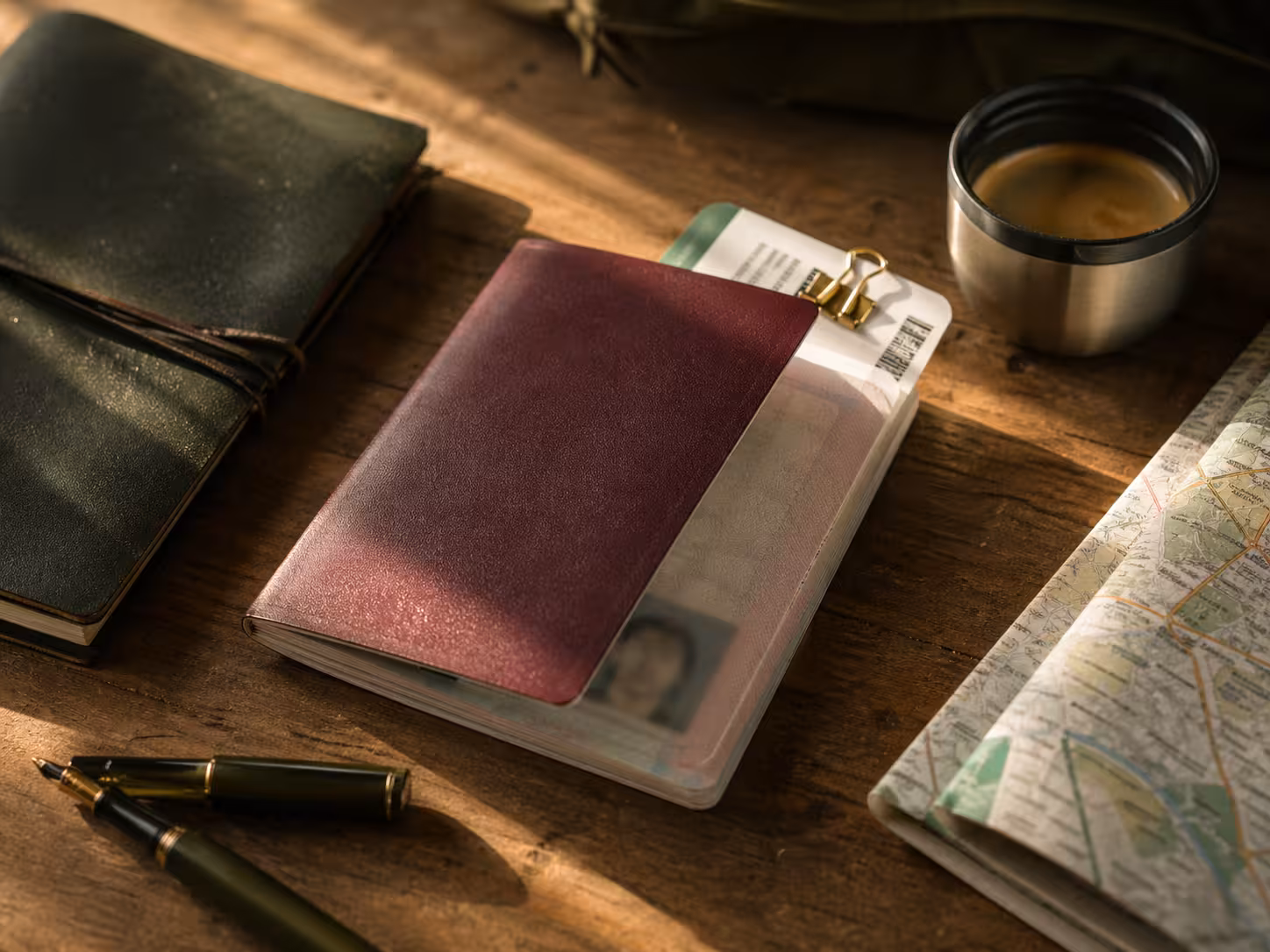Passeport européen posé sur un bureau en bois avec carnet de cuir et carte papier, lumière naturelle d’après-midi.