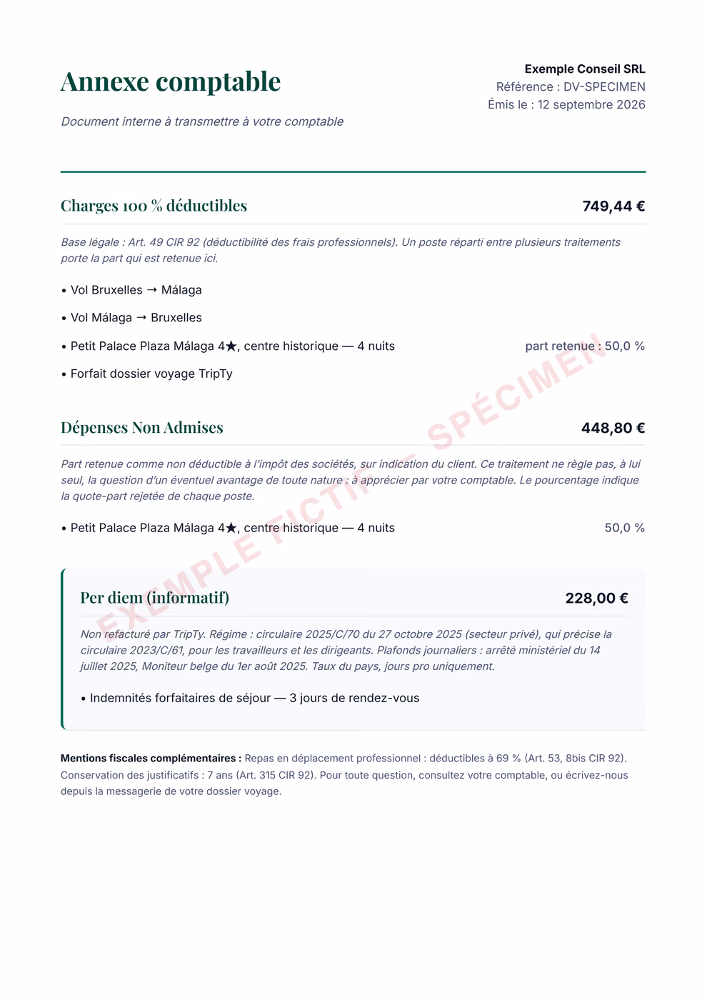 Annexe comptable : charges déductibles, part privée, per diem informatif
