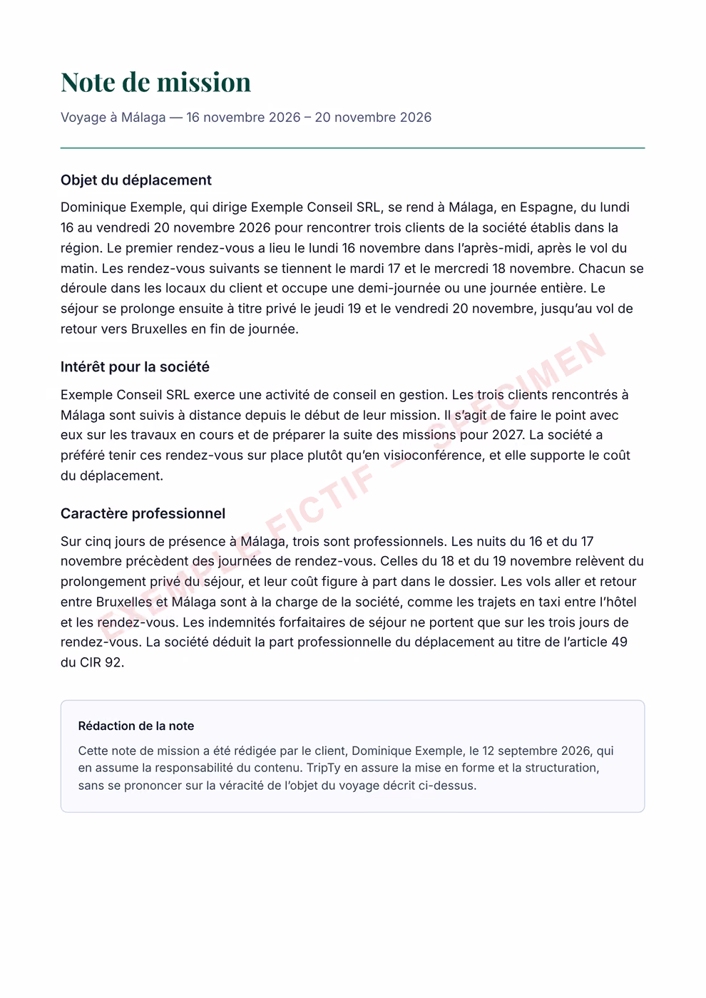 Note de mission : objet du déplacement, intérêt pour la société, caractère professionnel
