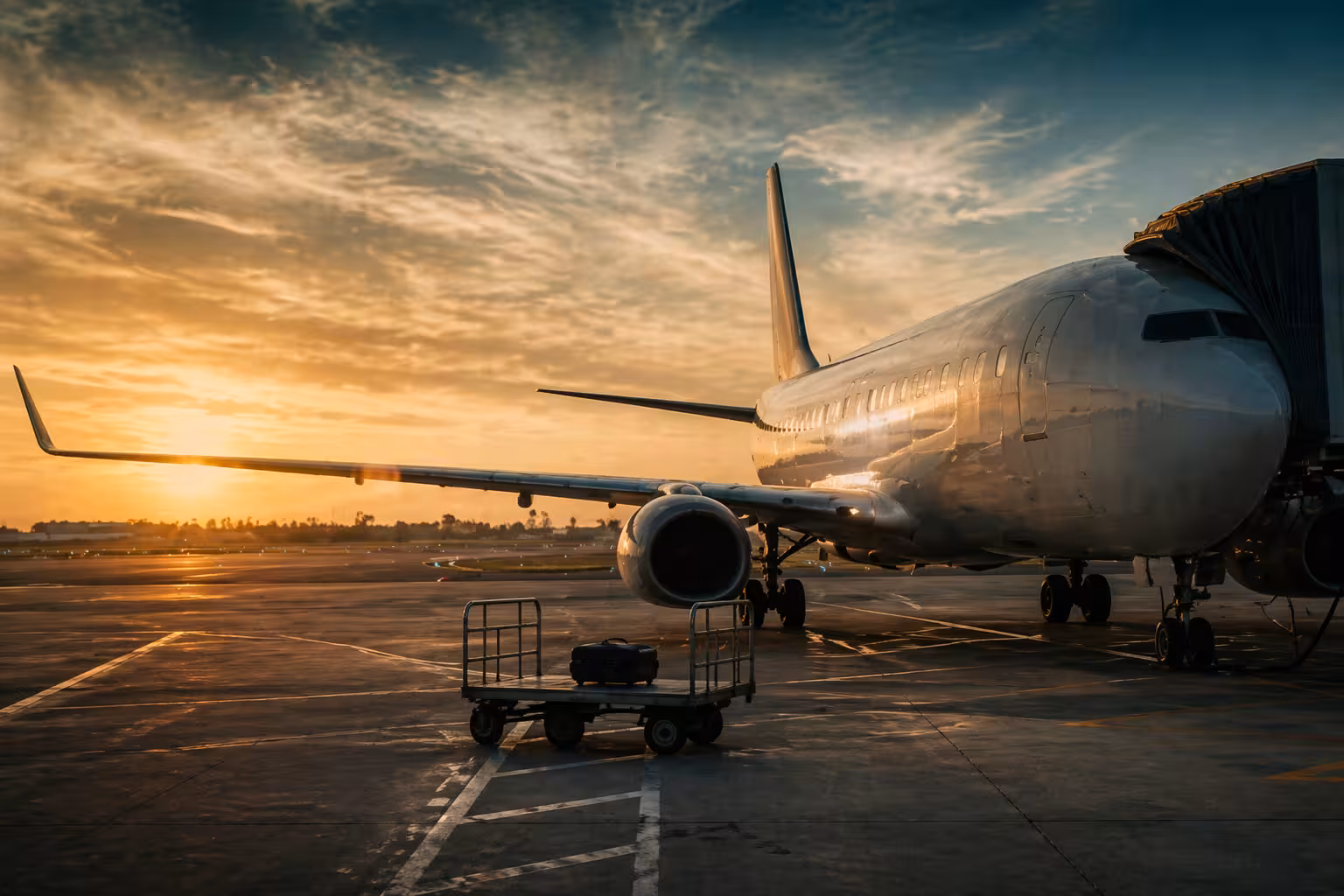 Avion sur le tarmac d’un aéroport à l’heure dorée, lumière naturelle et ciel ambre.