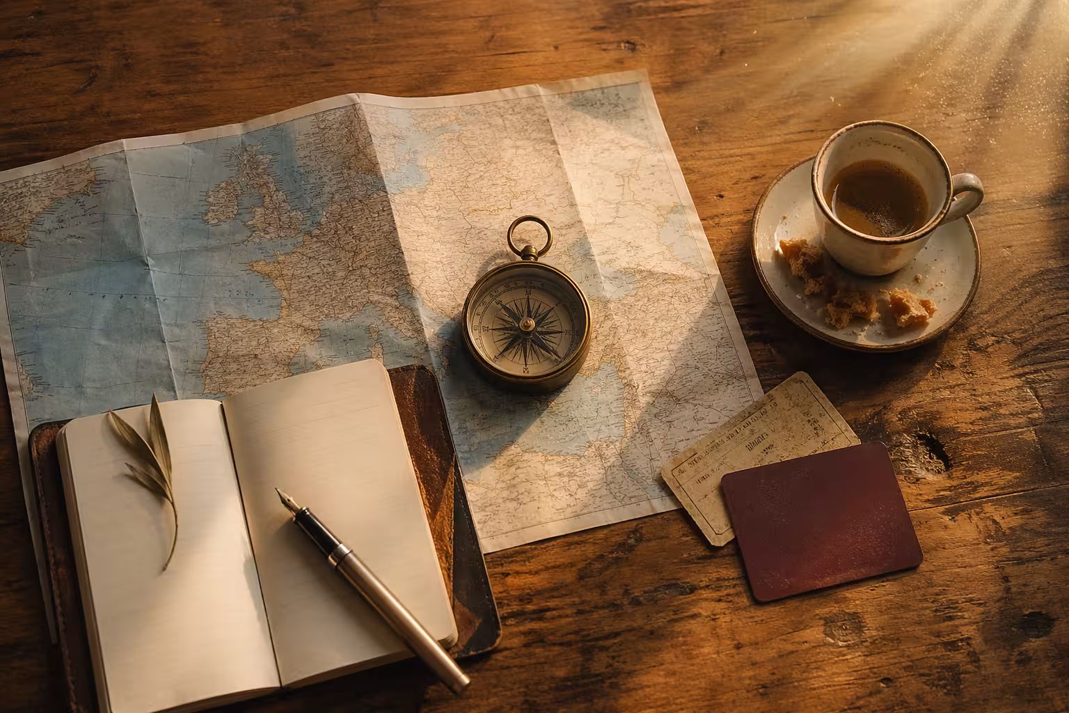 Carte européenne, compas en laiton et carnet sur bureau en bois, matin.